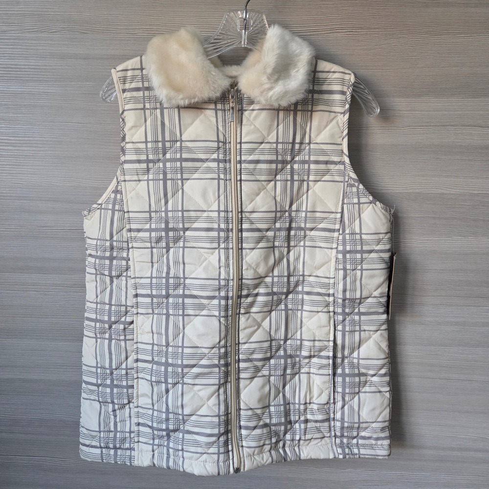 Debbie Morgan Puffer Vest Women M Antique White Black Plaid Faux Fur Collar New